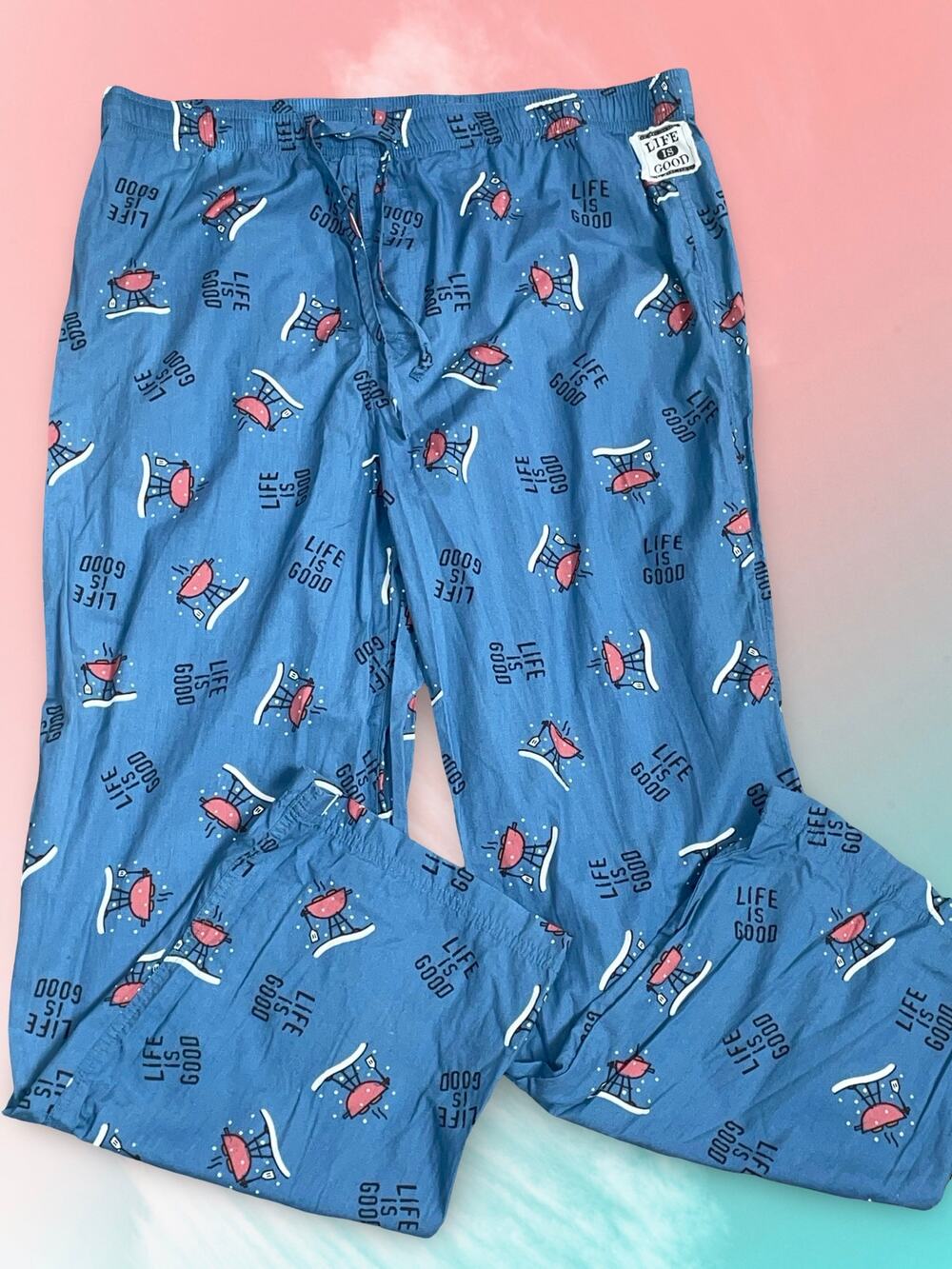 Life Is Good Mens XL Pajama Pants Sleep Lounge Drawstring PJs Blue BBQ Grill